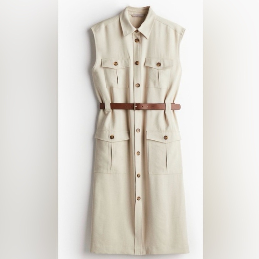 H&M Green Sleeveless Shirt Midi Dress with Brown Belt